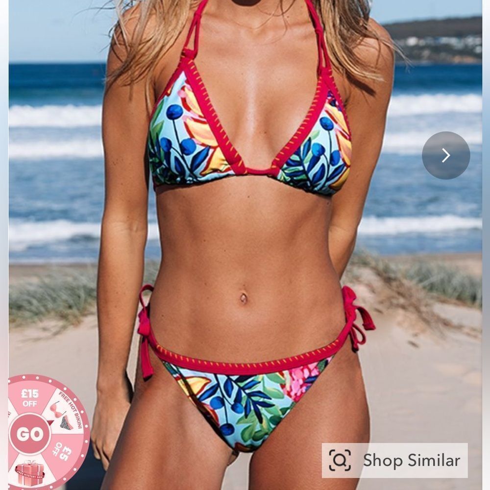BIKINI Swimsuit KAMONI TROPICAL PRINT HALTER NECK SIDE TIE‎ MICRO LARGE